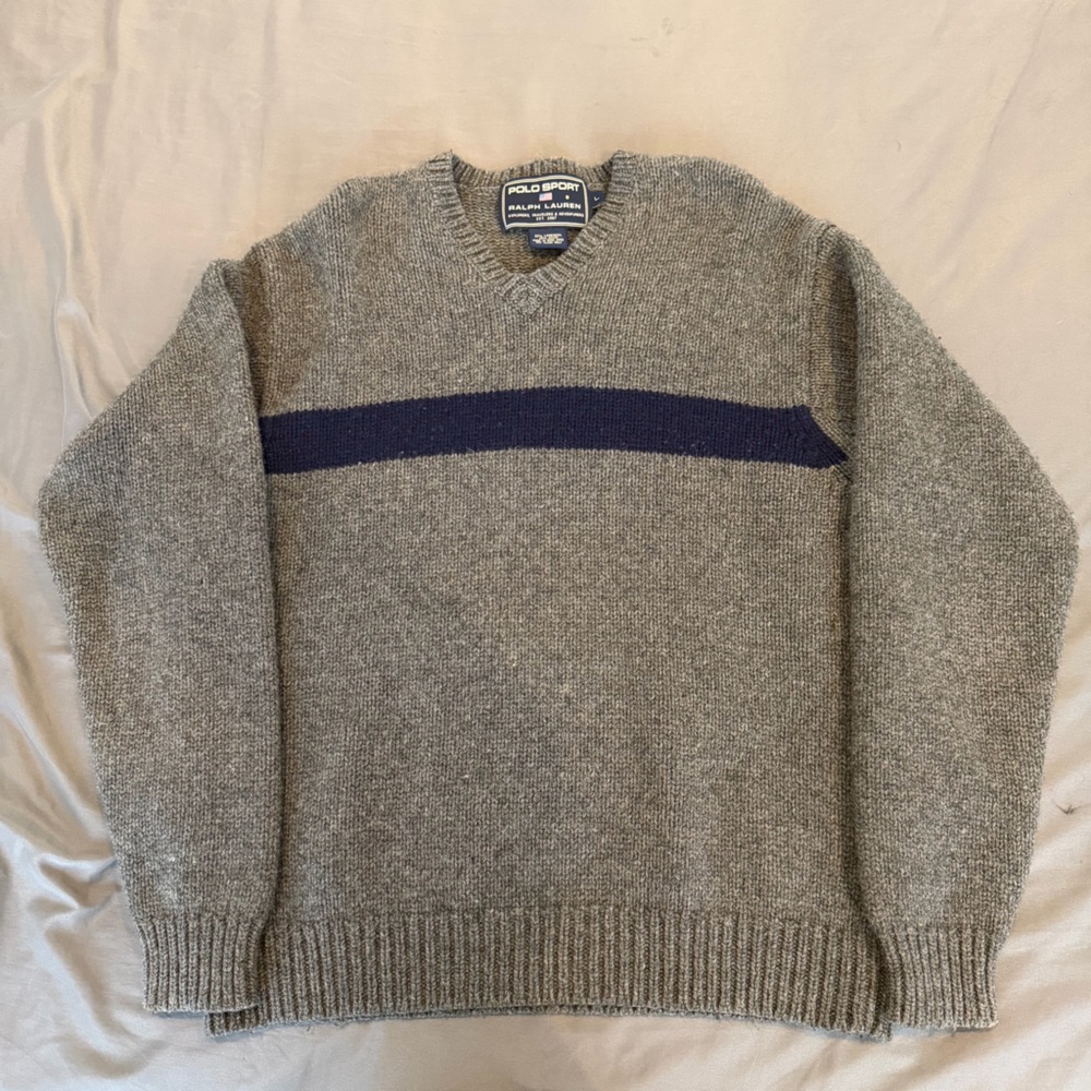 POLO SPORT RALPH LAUREN 80% LAMBSWOOL STRIPED‎ SWEATER VINTAGE MENS GREY HEAVY